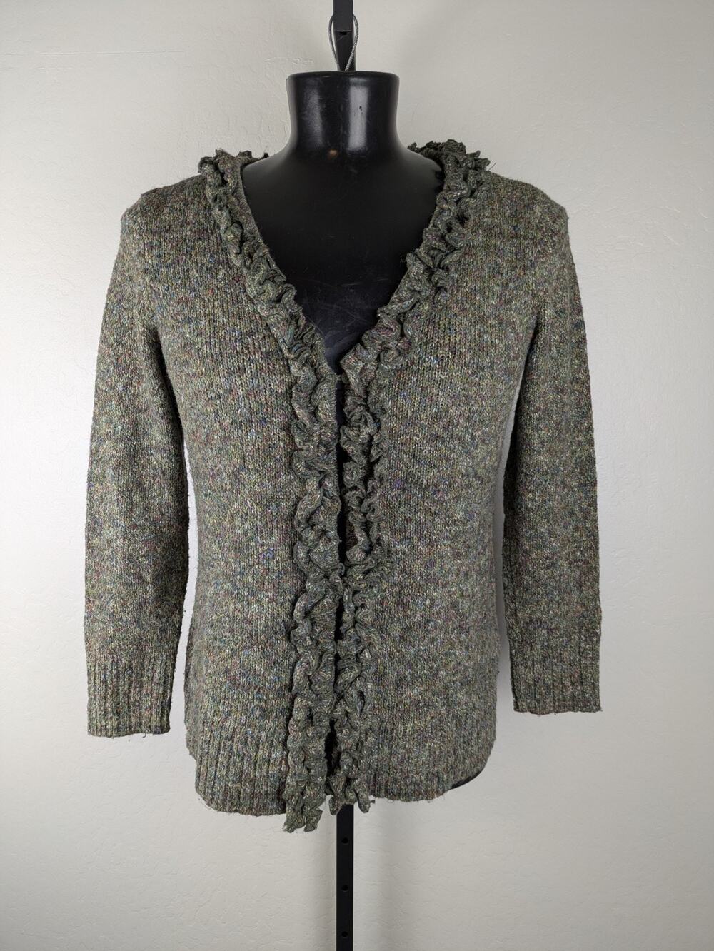 Christopher & Banks Ruffle Front Cardigan Sweater green colorful flecks